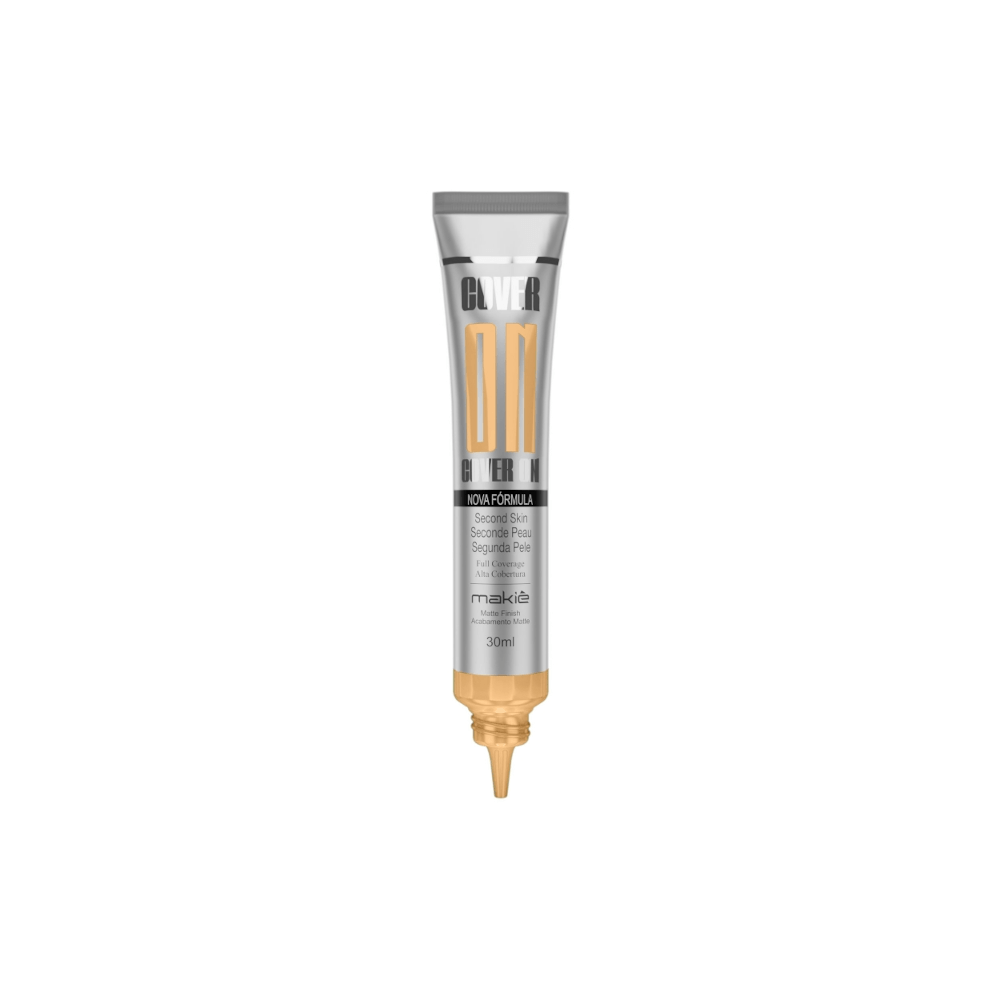 Base Líquida Makiê Cover On Fair 30ml - bisnaga prateada com bico aplicador