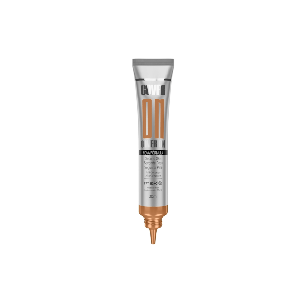 Base Líquida Makiê Cover On Truffle 30ml - embalagem prateada com detalhes cobre