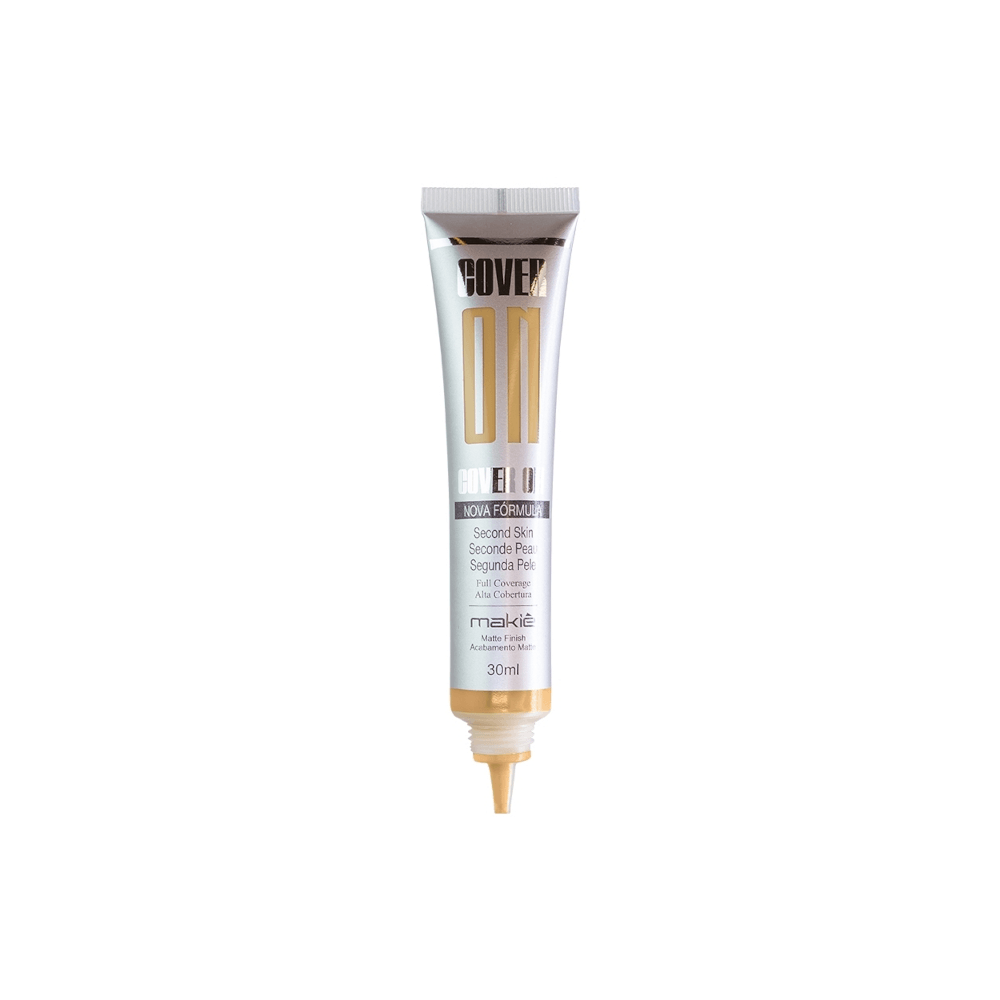 Base Líquida Makiê Cover On Eilat 30ml embalagem bisnaga prateada com detalhes dourados