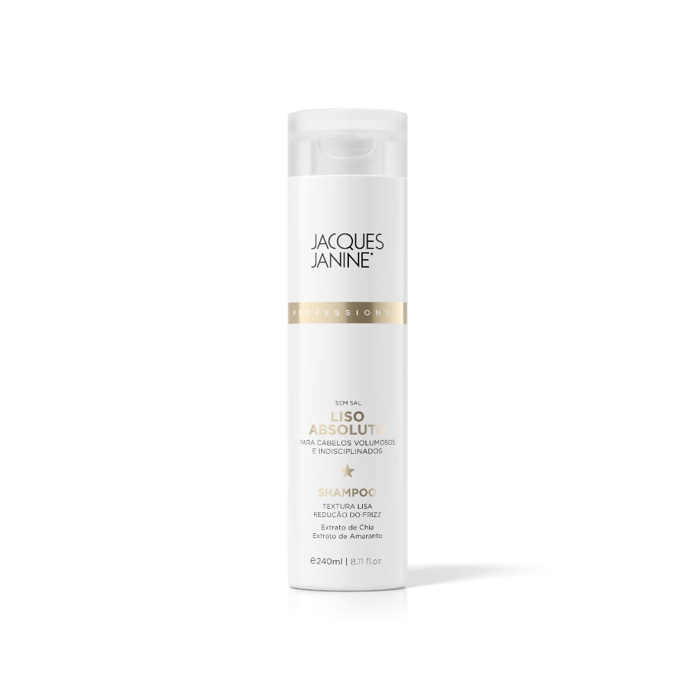 Shampoo Jacques Janine Liso Absoluto 240ml frasco branco em fundo branco