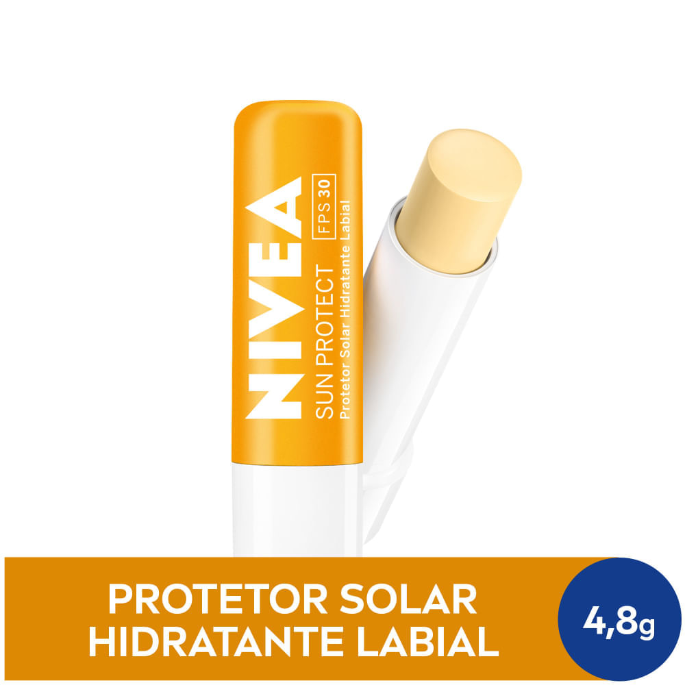 Protetor Solar Hidratante Labial NIVEA Sun Protect FPS 30 4,8g - embalagem com tampa laranja e bastão exposto