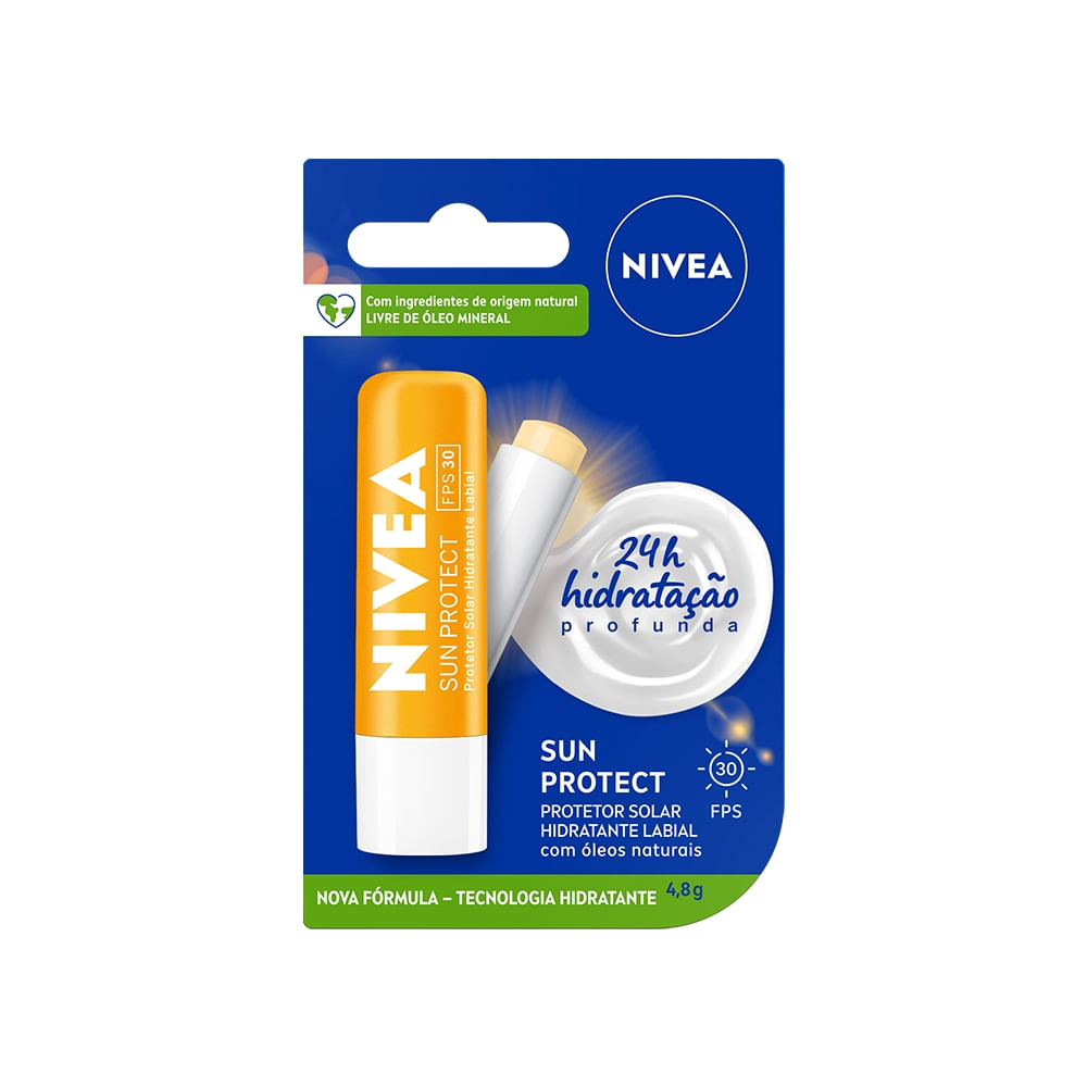 Detalhe da embalagem NIVEA Sun Protect destacando 24h hidratação profunda e óleos naturais