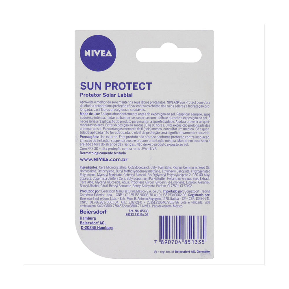 Parte traseira da embalagem NIVEA Sun Protect com informações de uso e ingredientes