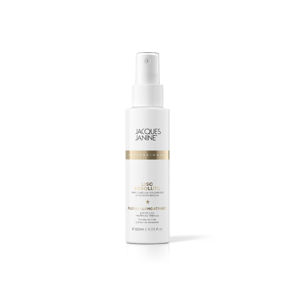 Frasco branco spray Jacques Janine Liso Absoluto 120ml em fundo branco