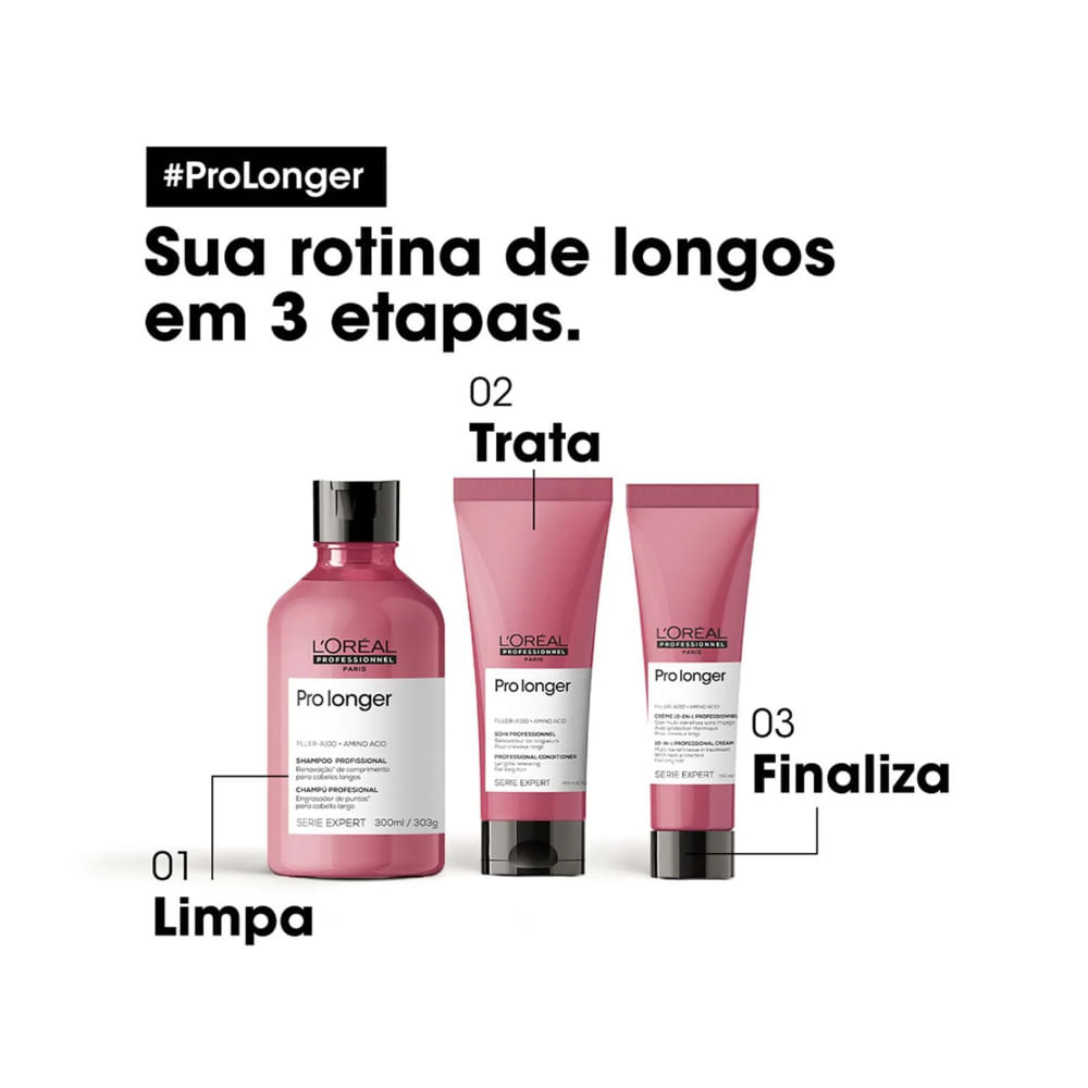 Produtos Pro Longer em apresentação de rotina de cuidados para cabelos longos