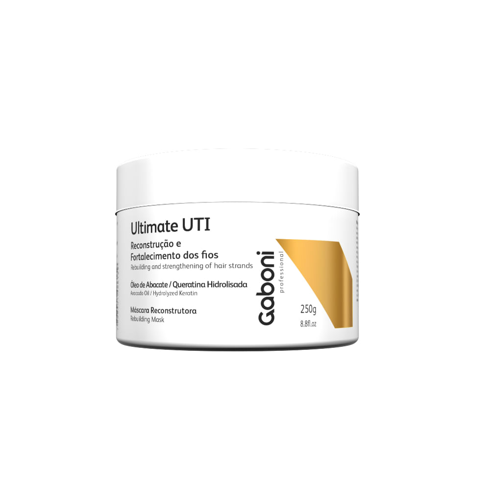 Pote branco da Máscara Gaboni Ultimate UTI 250g visto frontalmente, rótulo com detalhes dourados