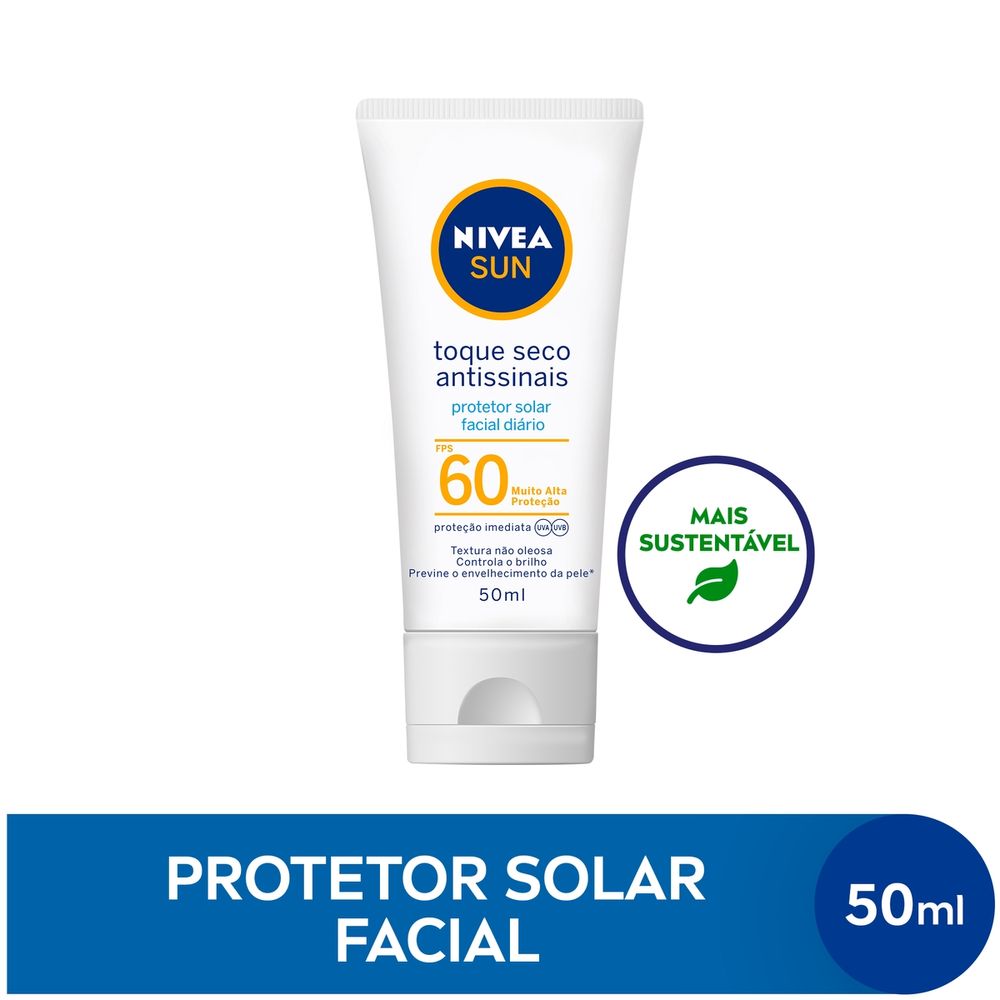 Protetor Solar Facial Nivea Sun Toque Seco Antissinais FPS60 50ml - tubo branco com tampa cinza