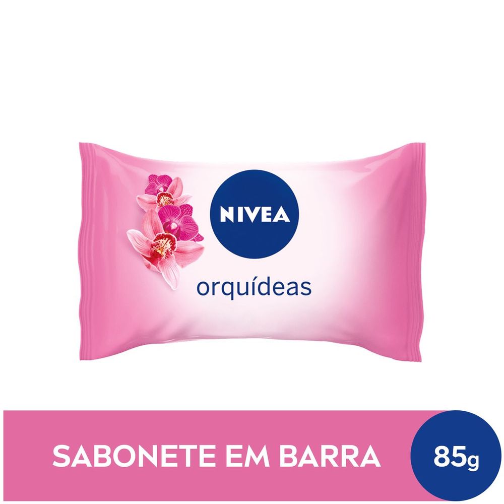 Embalagem frontal do sabonete hidratante Nivea Orquídeas 85g, rosa com logo Nivea e flores de orquídea