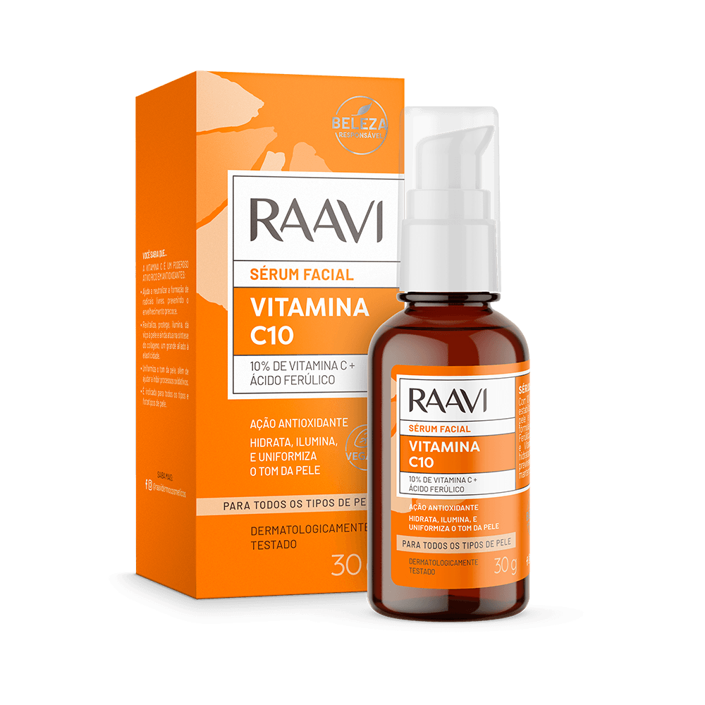 Sérum Facial Raavi Vitamina C10 30g - frasco âmbar com pump, embalagem laranja e branca