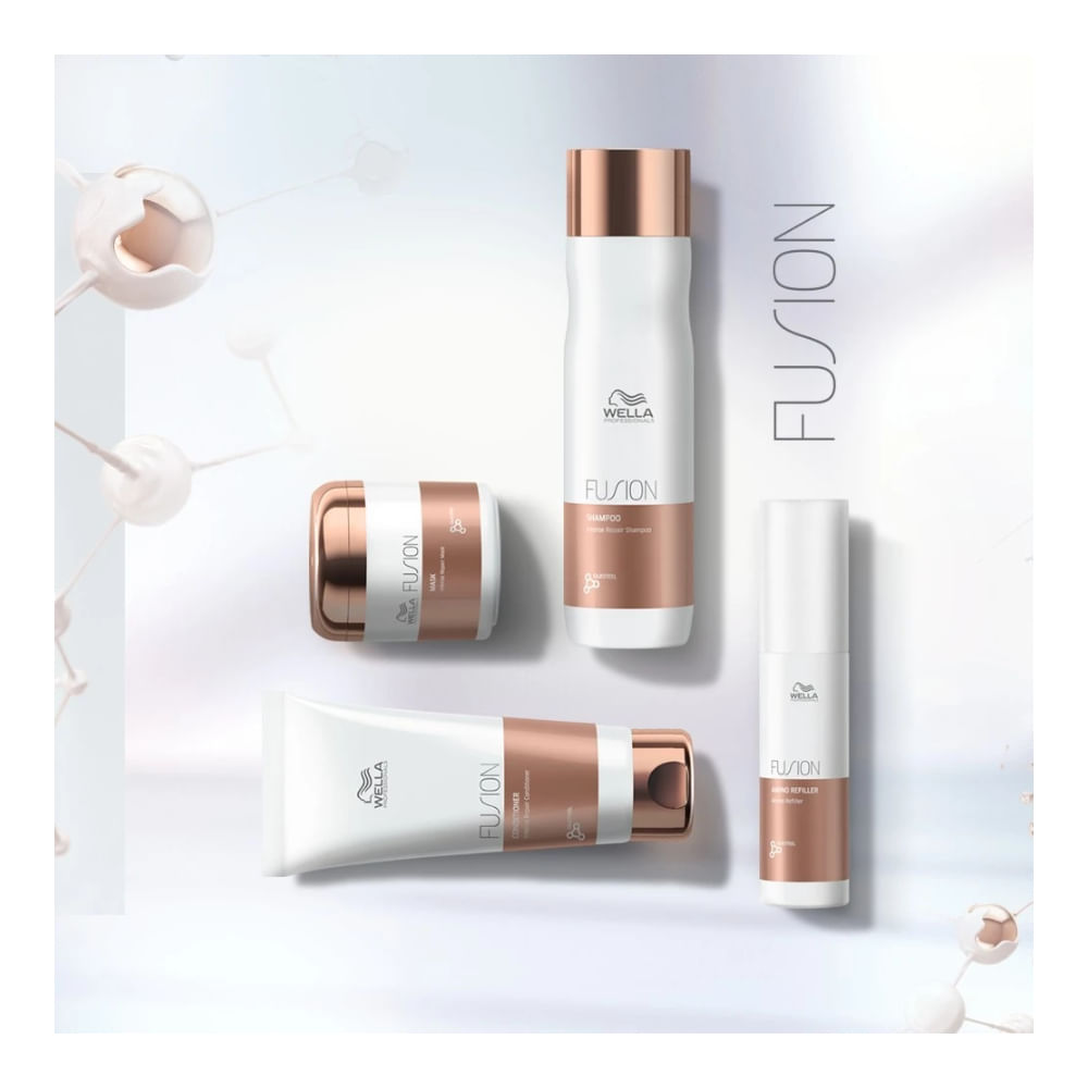 Linha Wella Fusion com frascos brancos e detalhes em cobre, mostrando produtos complementares