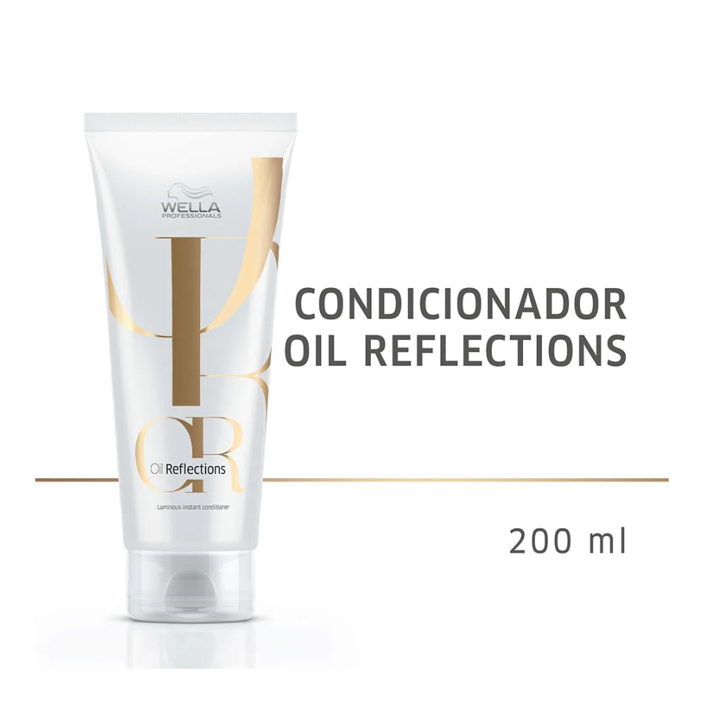 Detalhe do tubo do condicionador Wella Oil Reflections 200ml com design branco e dourado