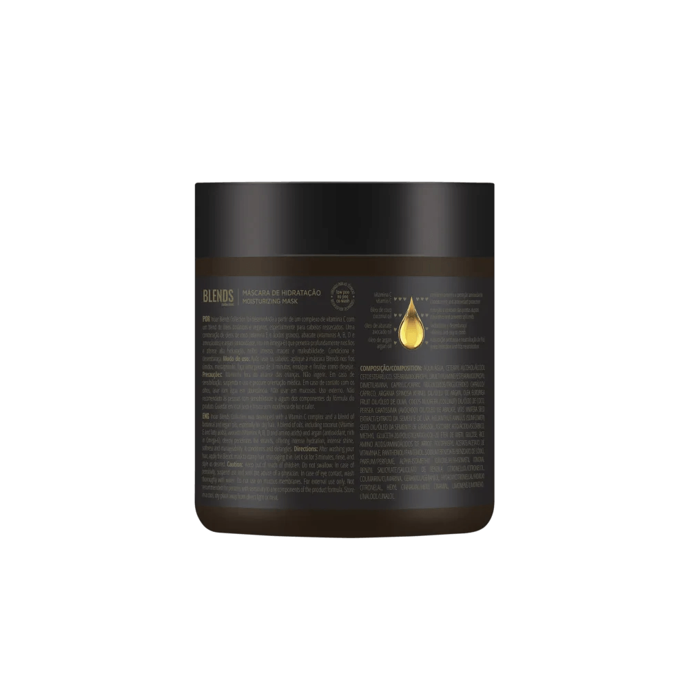 Parte traseira do pote mostrando composição e modo de uso da Máscara Inoar Blends 500g