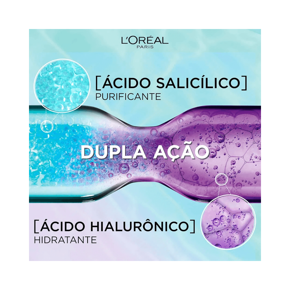Ilustração da ação dupla do shampoo com ácido salicílico purificante e ácido hialurônico hidratante