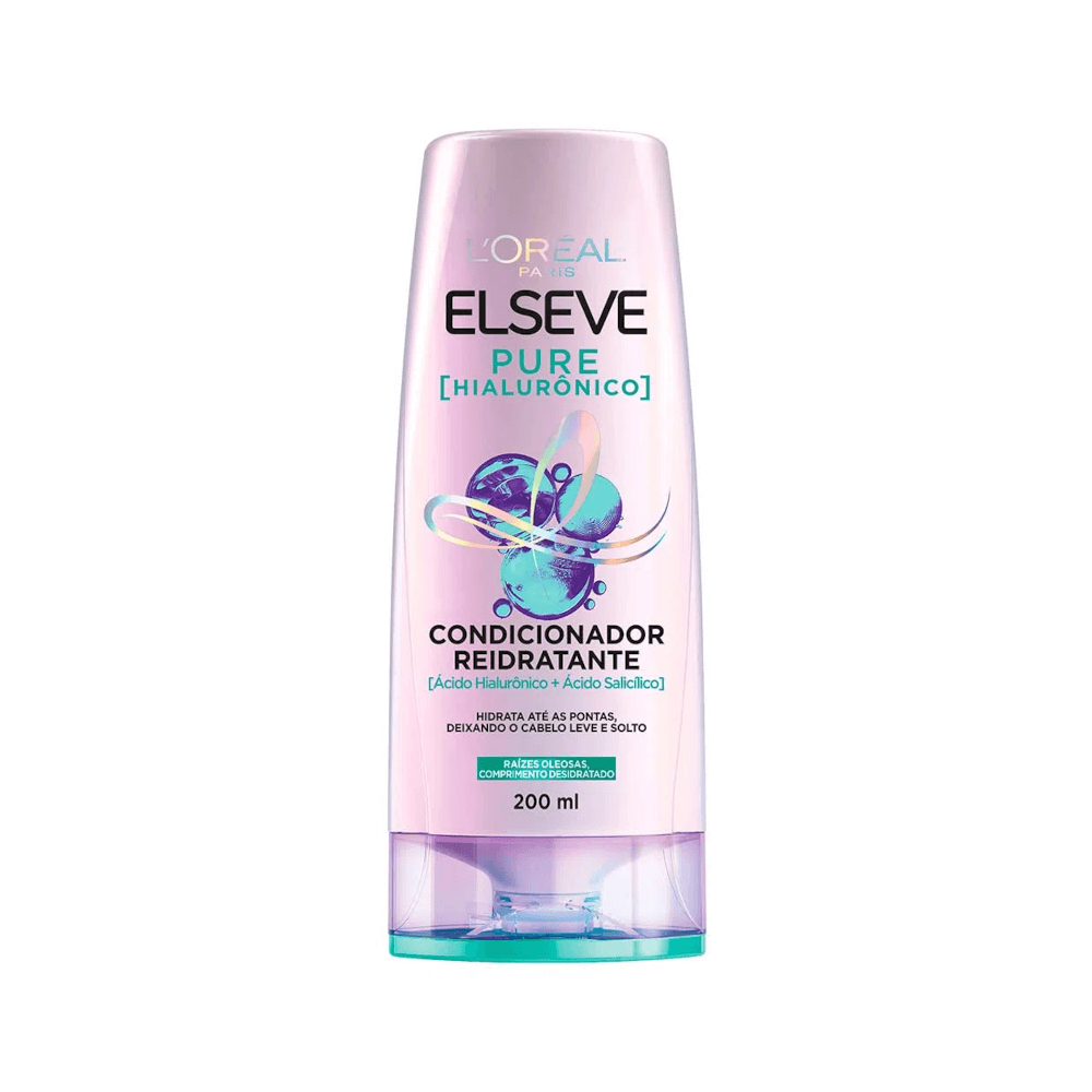 Frasco do Condicionador Elseve Pure Hialurônico 200ml em tom lilás, destaque para hidratação e purificação