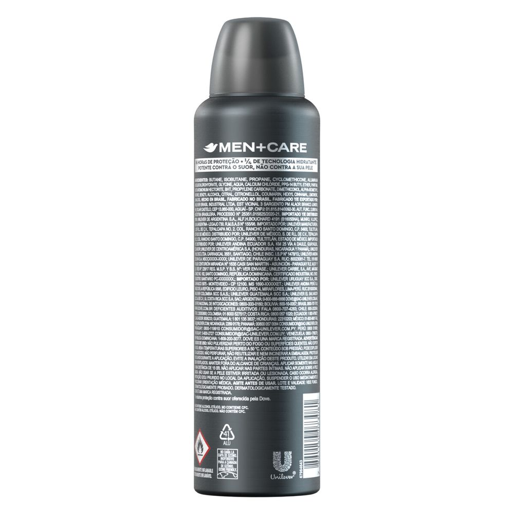 Verso da embalagem com ingredientes e instruções do desodorante Dove Men+Care Clinical 150ml