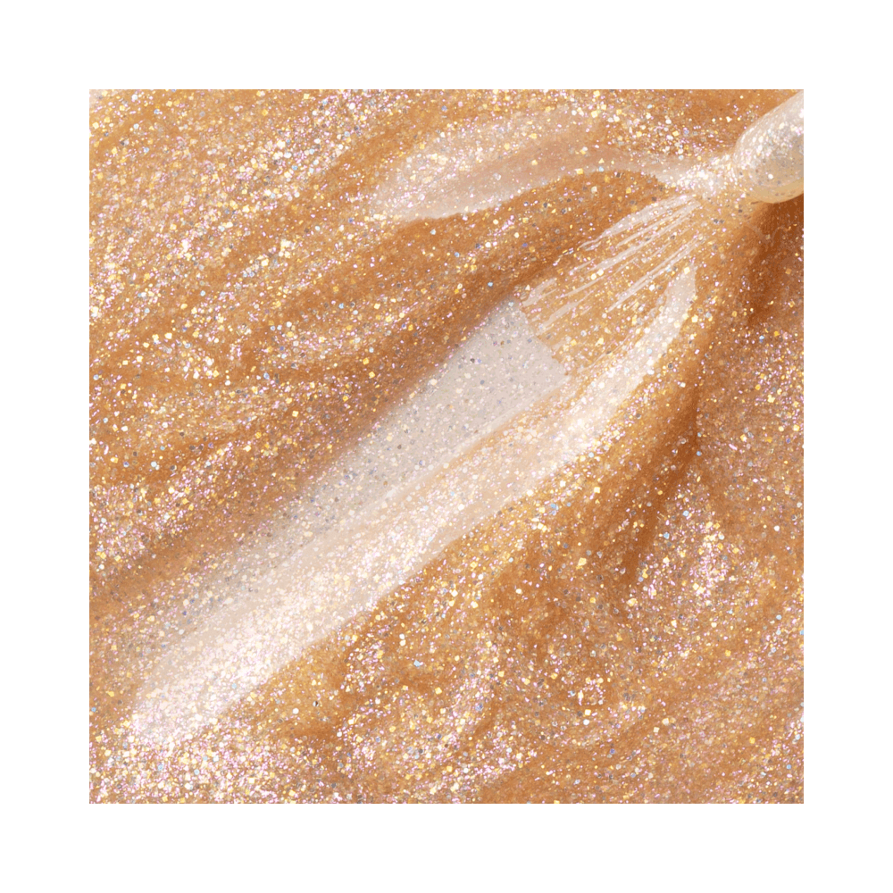 Close do pincel com esmalte dourado glitter 3D mostrando textura e partículas