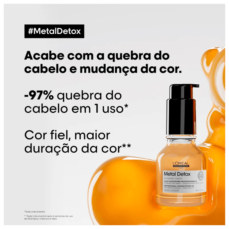 Benefícios do Metal Detox: redução de quebra, proteção da cor e frasco em destaque