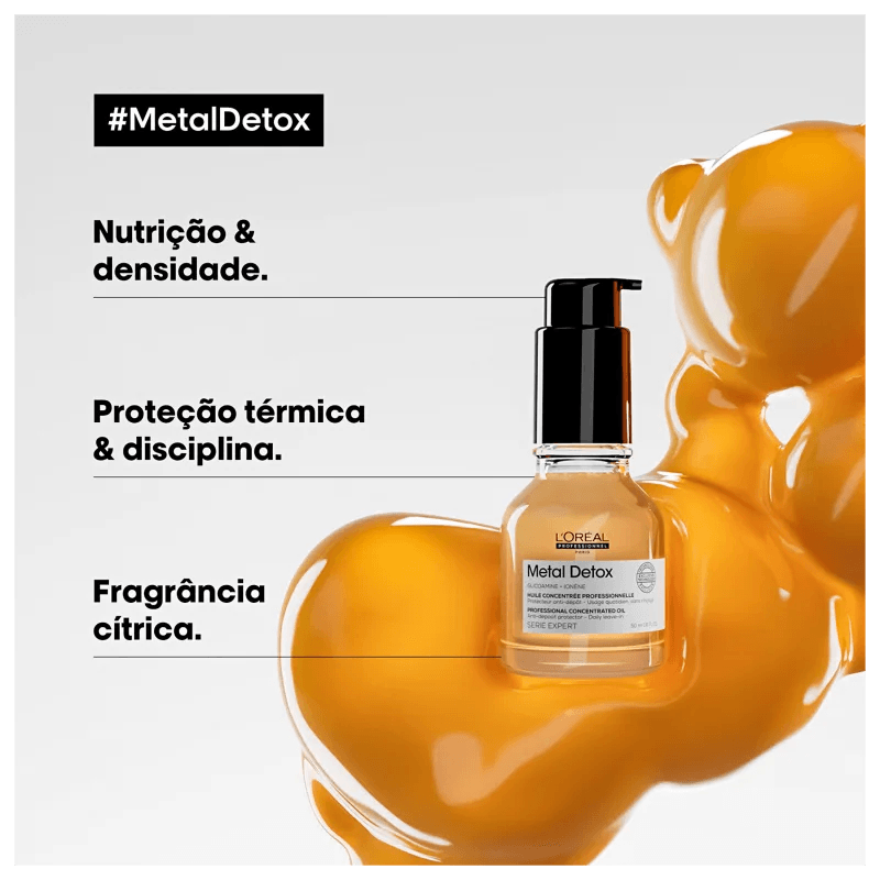 Frasco do óleo Metal Detox com ícones de nutrição, proteção térmica e fragrância cítrica