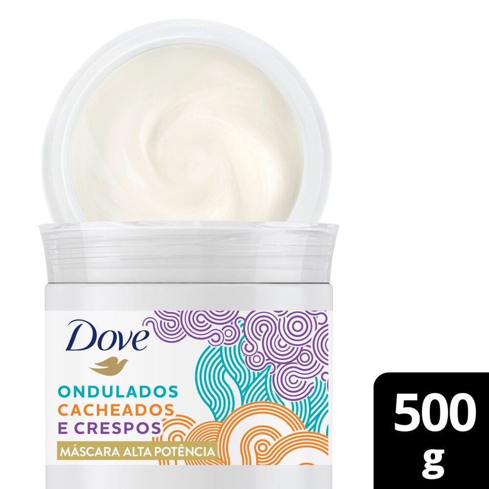 Máscara de Tratamento Dove Texturas Reais Alta Potência 500 g em close, creme branco visível e embalagem colorida