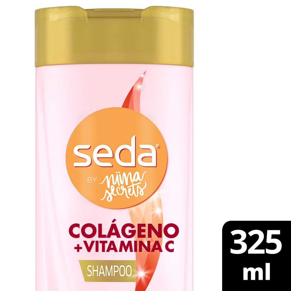 Close no rótulo frontal mostrando 'Colágeno + Vitamina C' e volume 325ml