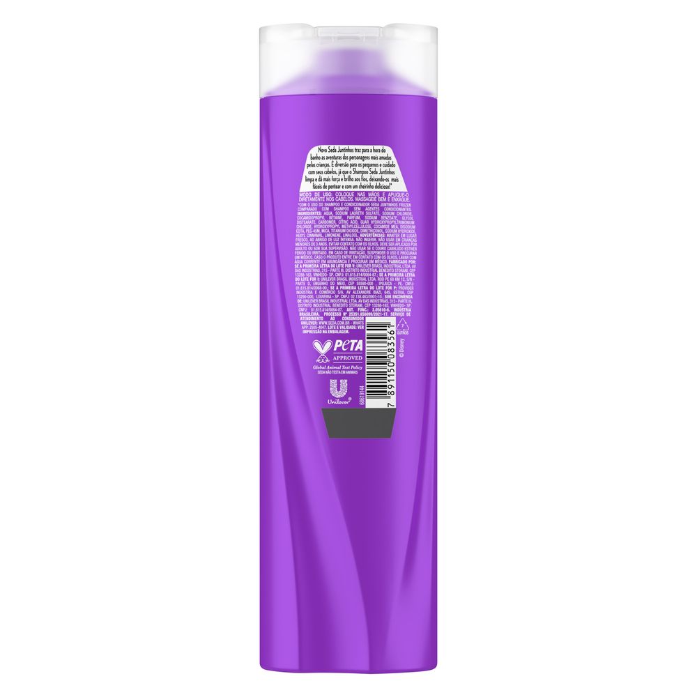 Verso do frasco com informações de uso e composição do Shampoo Seda Juntinhos Frozen