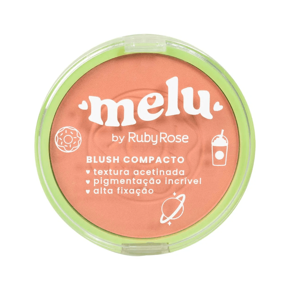 Blush Melu Cake Ruby Rose embalagem redonda com tampa transparente e relevo no pó