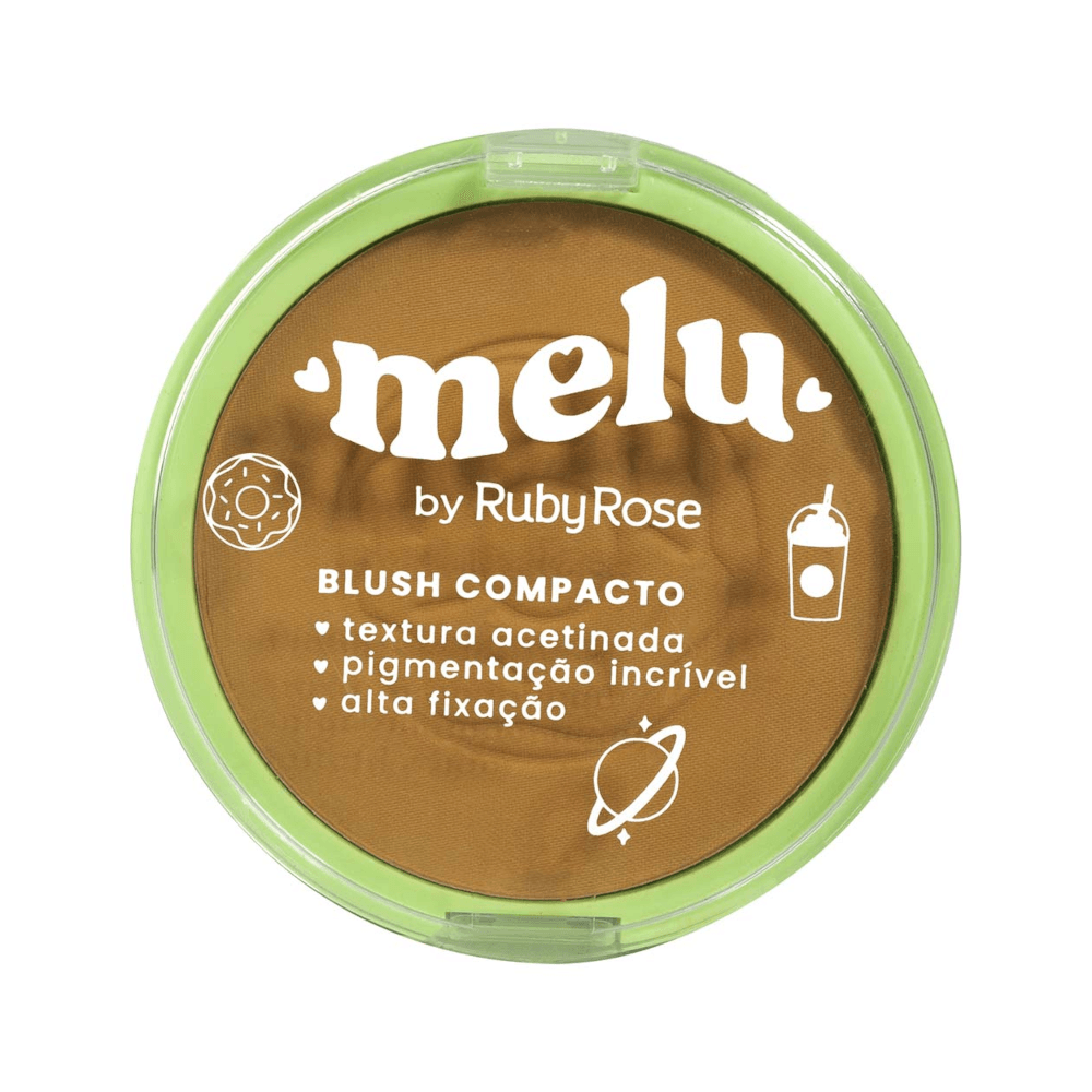 Blush compacto Melu by Ruby Rose na embalagem fechada, destaque para rótulo e design