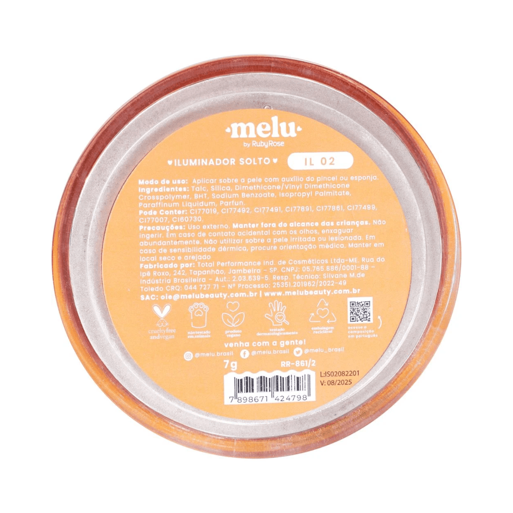 Verso do iluminador Melu by Ruby Rose mostrando informações e símbolos de certificação