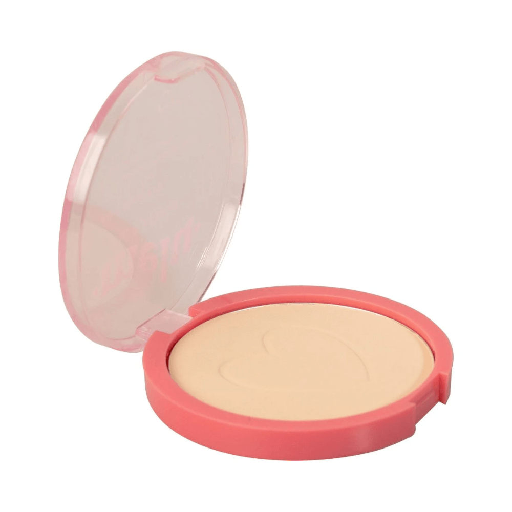 Pó Compacto Melu Ruby Rose RR8531 C10 - embalagem rosa com tampa transparente, detalhe do relevo em coração