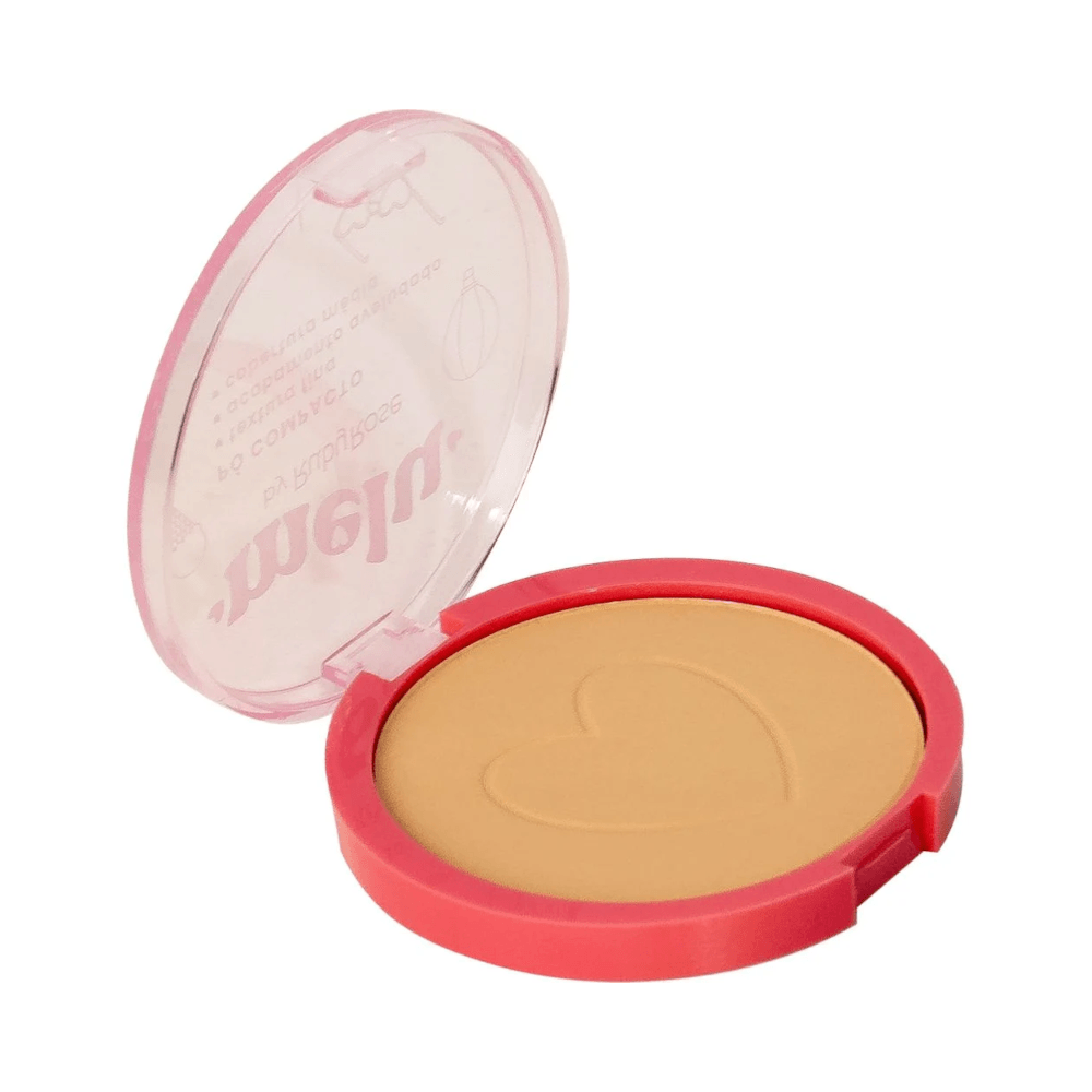 Pó compacto Melu Ruby Rose visto de lado com relevo em coração