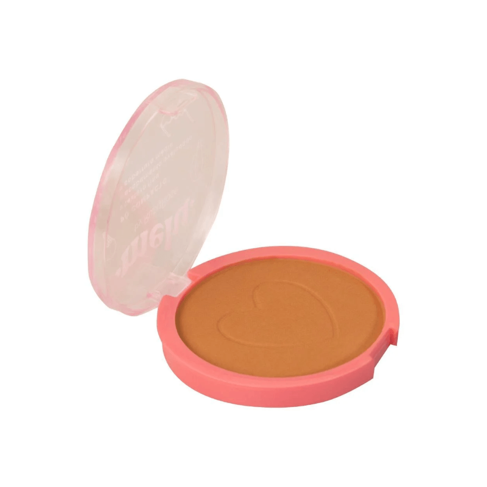 Pó Compacto Melu Ruby Rose lateral mostrando embalagem aberta e relevo em forma de coração