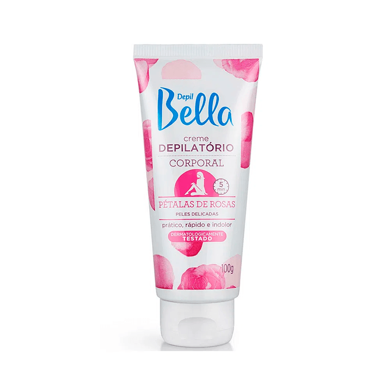 Tubo do Creme Depilatório Corporal Depil Bella Pétalas 100g - embalagem branca com detalhes em rosa e pétalas