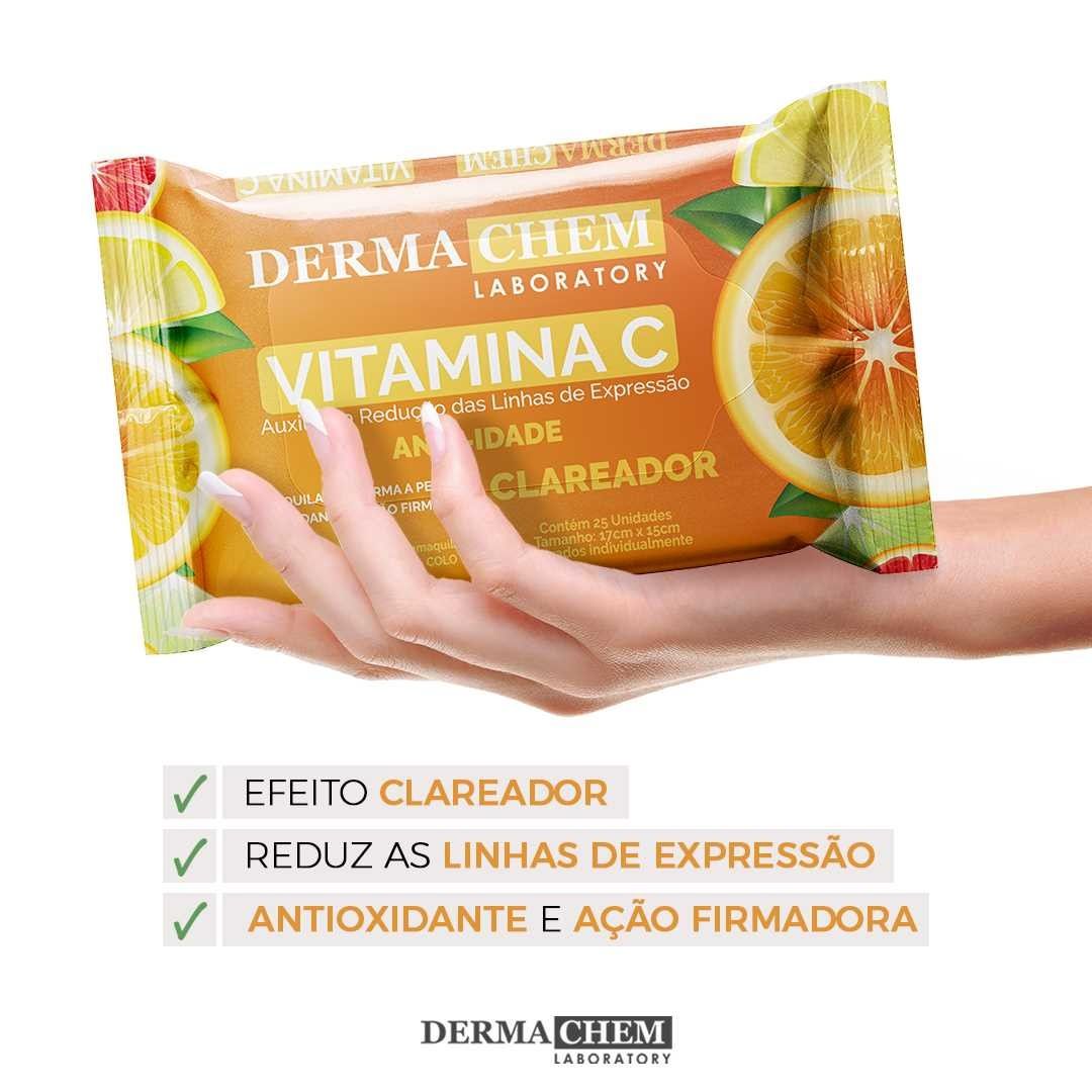 Pacote do Lenço Demaquilante Dermachem Vitamina C sendo segurado por mão