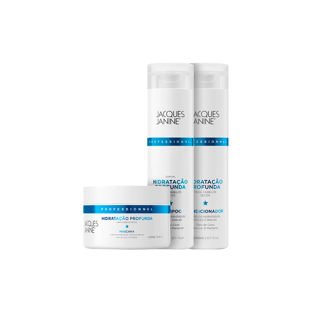 Kit Jacques Janine Hidratação Profunda com shampoo, condicionador e máscara para cabelos secos