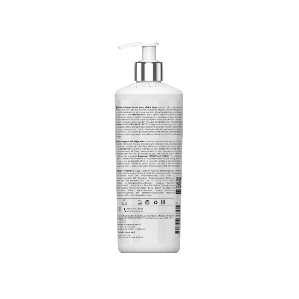Parte traseira do Matizador Felps Green Efeito Bege 500ml com instruções e composição