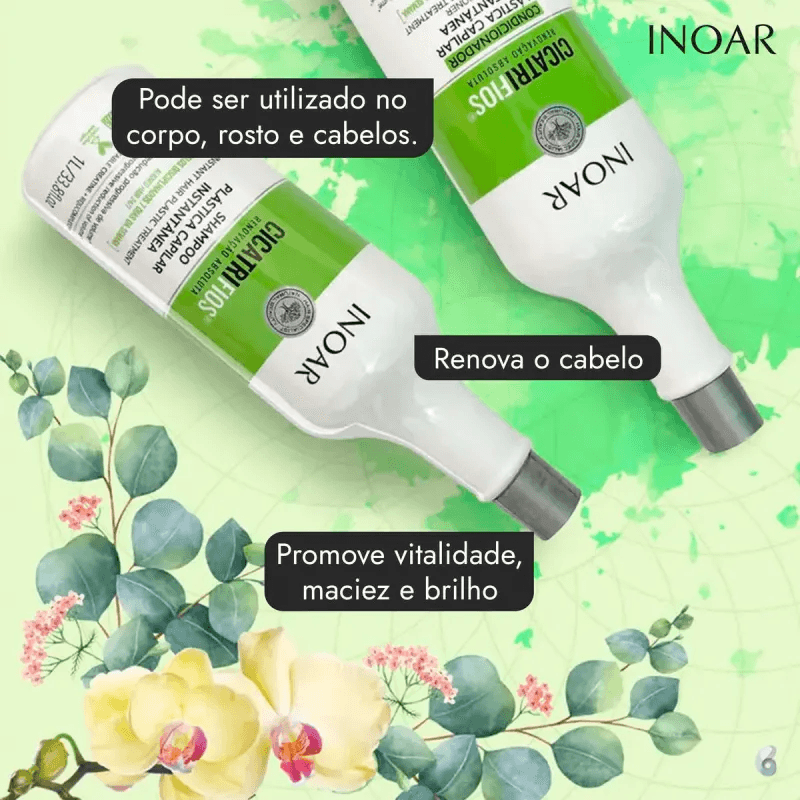 Kit Inoar Cicatrifios em fundo verde com destaque para ativos