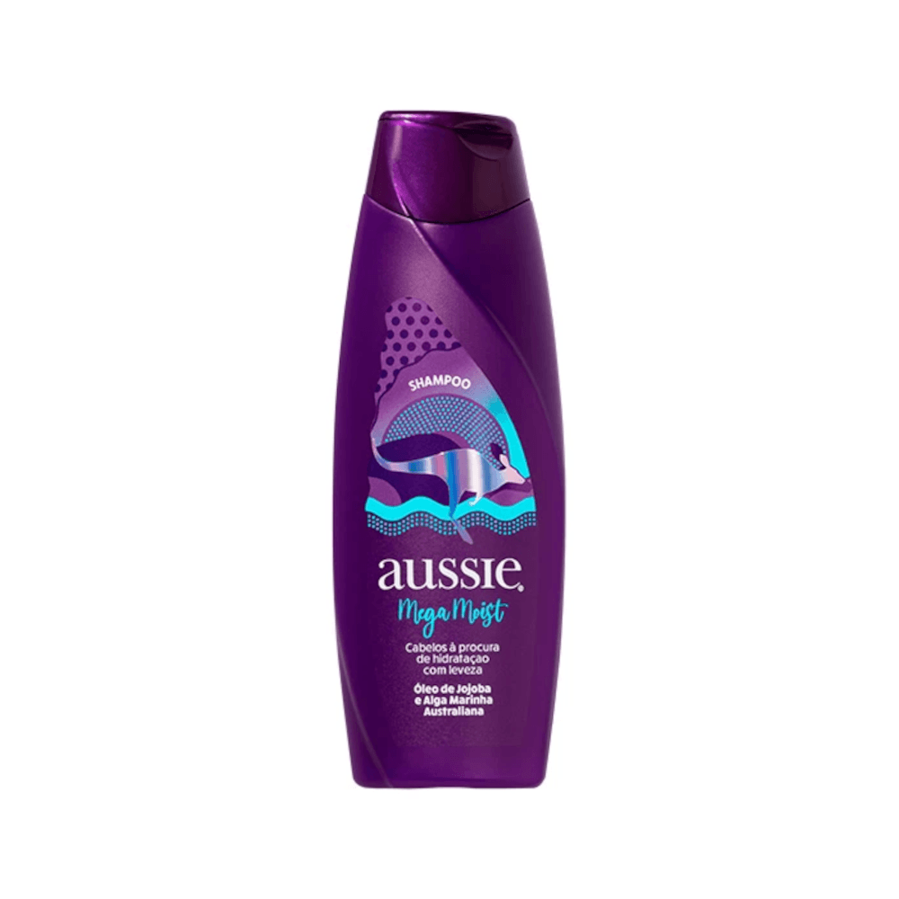 Frasco de Shampoo Aussie Mega Moist 360ml em fundo branco