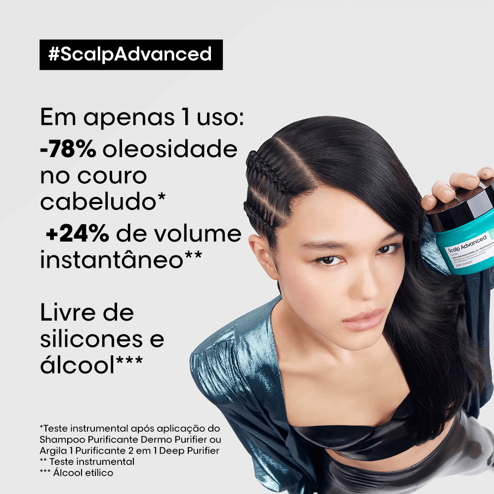 Aplicação da máscara Scalp Advanced mostrando redução de oleosidade e aumento de volume