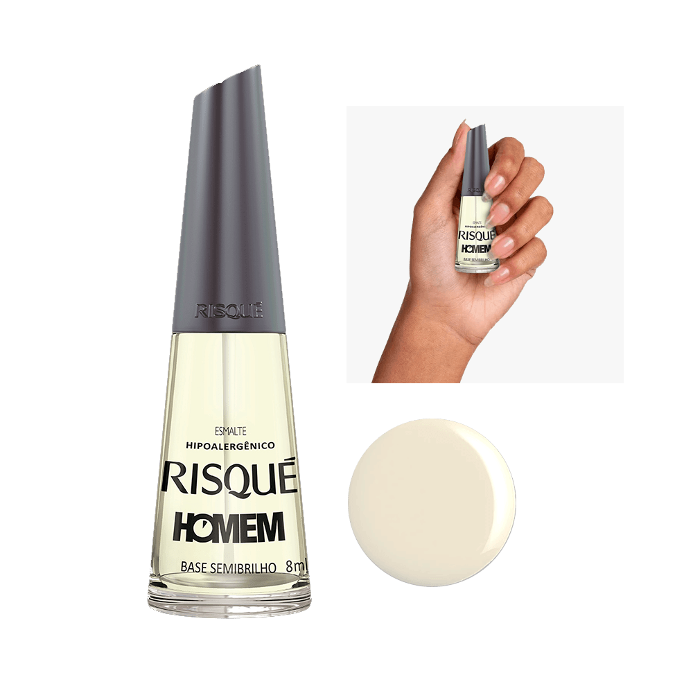 Base Risqué Homem Semi Brilho frasco translúcido com tampa cinza, volume 8ml
