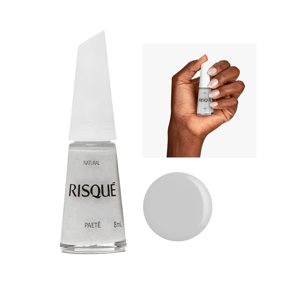 Frasco de Esmalte Risqué Branco Natural Paetê 8mL com brilho paetê