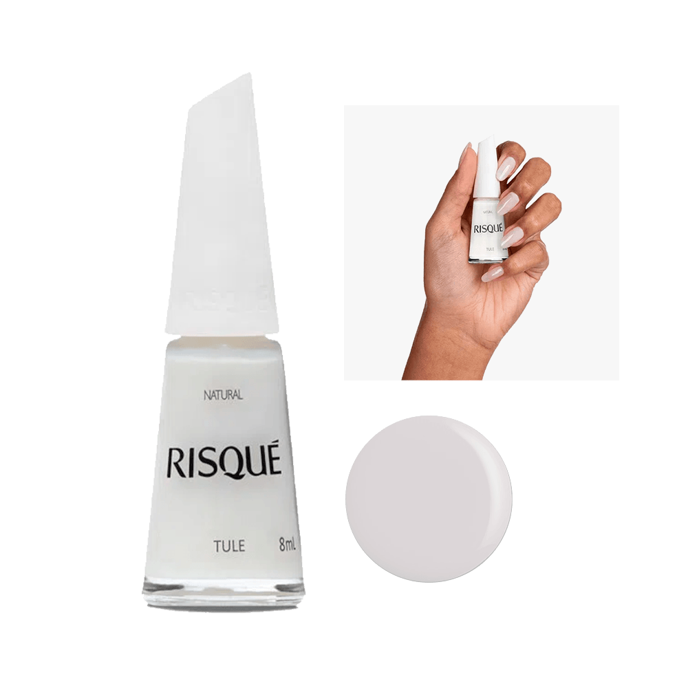 Esmalte Risqué Branco Natural Tule 8ml - frasco com tampa branca e unhas pintadas