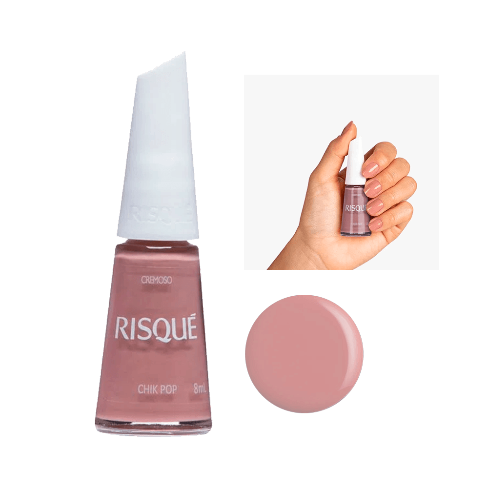 Esmalte Risqué Chick Pop frasco com amostra da cor e mão com unhas pintadas