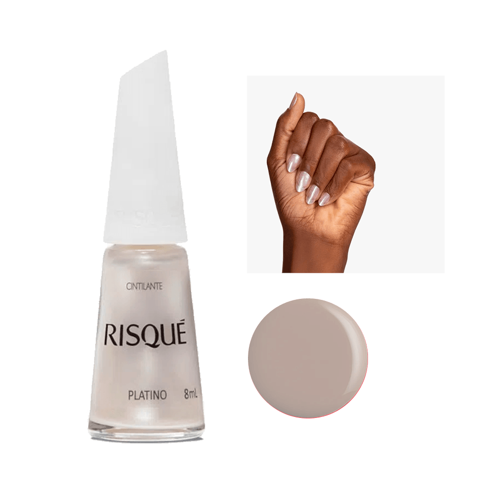 Esmalte Risqué Cintilante Platino 8ml - frasco e unhas pintadas mostrando acabamento perolado