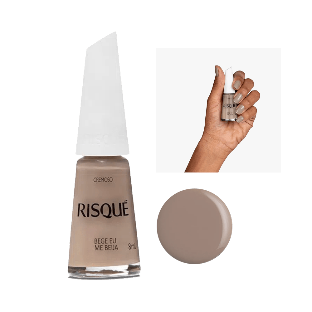 Esmalte Risqué Coleção Nudes Bege Eu Me Beija frasco e mão com unhas pintadas