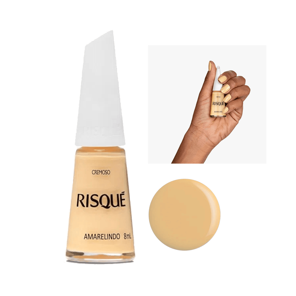 Esmalte Risqué Coloridos Amarelindo frasco 8ml e mão com unhas pintadas