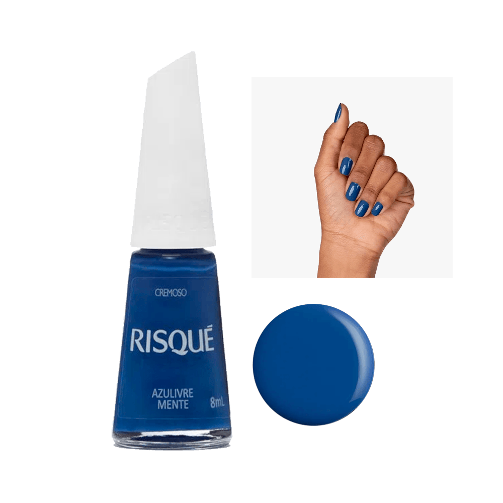 Esmalte Risqué Azulivre Mente com amostra da cor e frasco