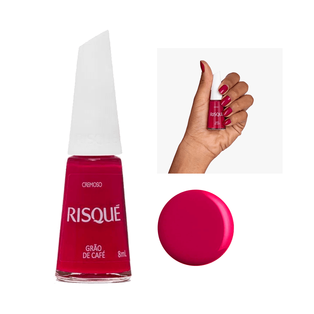 Esmalte Risqué Cremoso Arábica Grão de Café, frasco transparente com tampa branca, tom marrom avermelhado cremoso