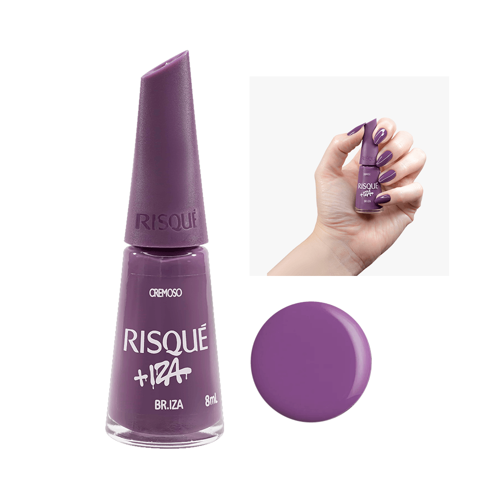 Esmalte Risqué Cremoso Br.Iza roxo 8ml, frasco transparente e tampa roxa fosca, amostra da cor aplicada