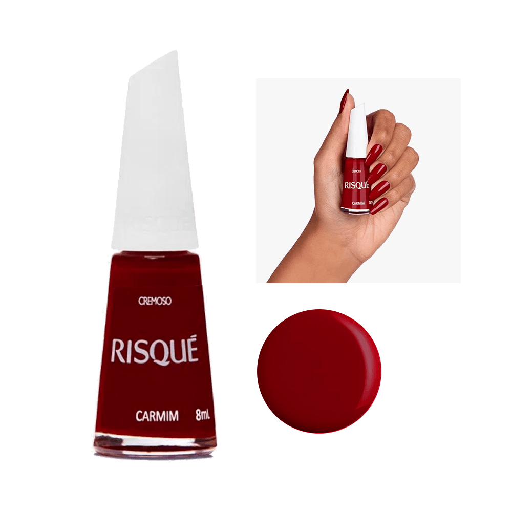 Esmalte Risqué Carmim Cremoso 8ml, frasco com tampa branca e unha pintada na cor vermelha intensa