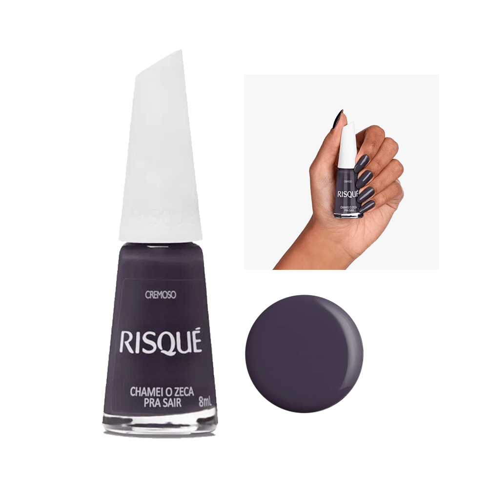 Esmalte Risqué Chamei O Zeca Pra Sair 8ml - frasco transparente com tampa branca e amostra da cor cinza escuro